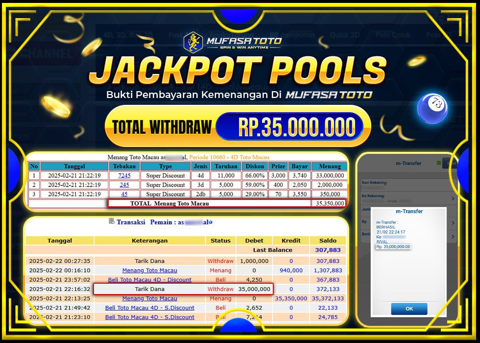 MUFASATOTO JACKPOT POOL MACAU 35 juta | LUNAS